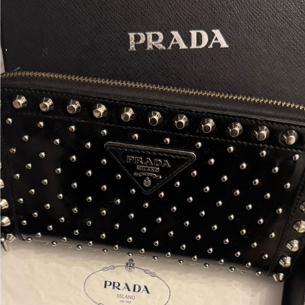 Prada Black Patent Leather Studded Zip Pouch